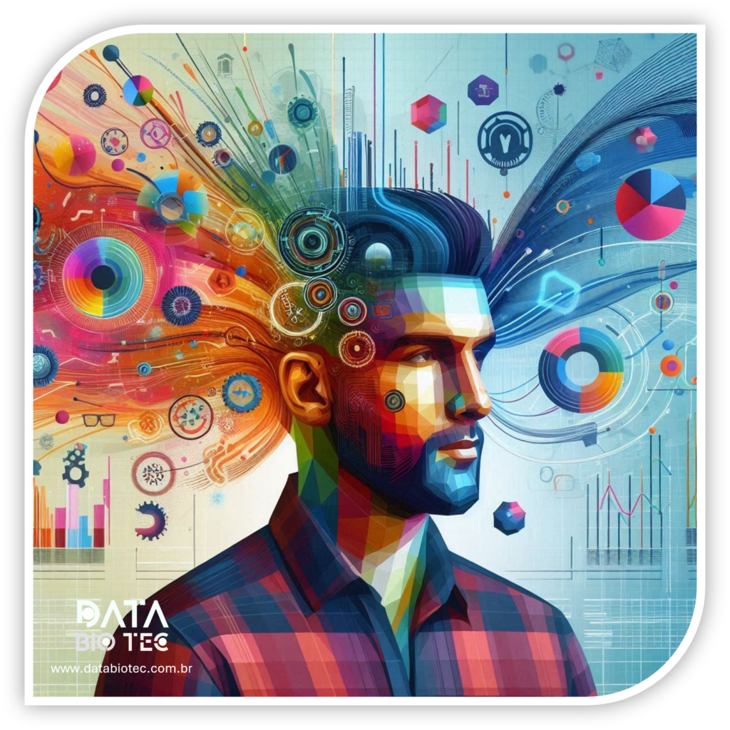 Ilustração digital mostrando busto de pessoa com cabelo dividido em duas metades coloridas, representando criatividade (lado esquerdo em tons quentes com engrenagens e gráficos) e lógica (lado direito em tons frios com gráficos circulares e linhas). Elementos visuais incluem gráficos de barras, pizza, linhas e ícones tecnológicos, simbolizando equilíbrio entre pensamento analítico e criativo.