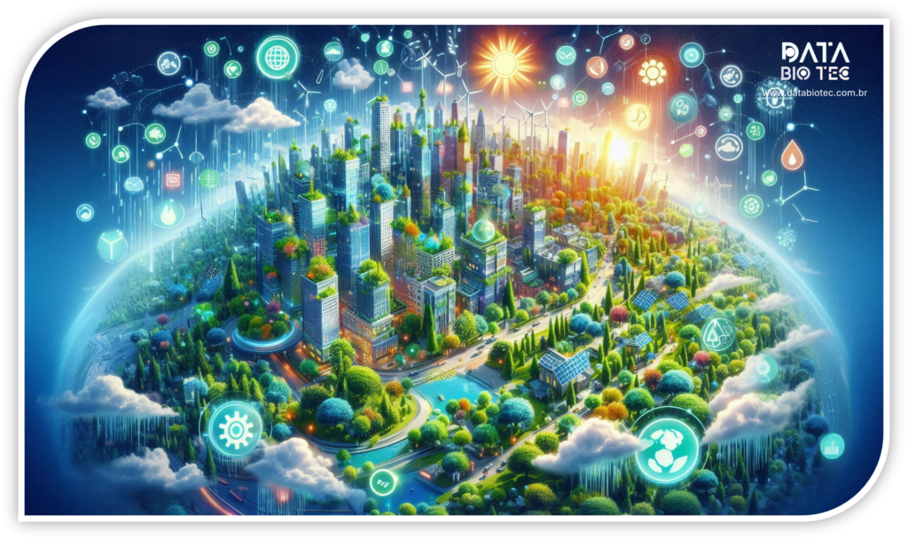 Ilustração digital de uma cidade sustentável em um planeta, destacando integração entre natureza, tecnologia e energia renovável. Elementos visuais incluem prédios verdes, turbinas eólicas, painéis solares, ícones tecnológicos e ambiente iluminado por sol radiante, simbolizando inovação e ecologia.