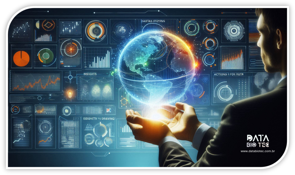 Homem interage com painel digital futurista contendo gráficos, mapas, diagramas circulares e indicadores de dados em tons de azul, laranja e verde. Elemento central é globo terrestre holográfico destacando América do Norte, sugerindo análise global de informações e tendências tecnológicas.