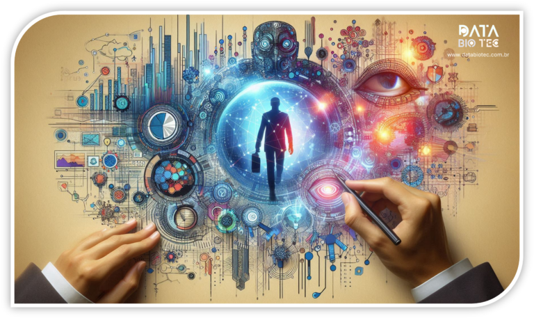 Desenho artístico digital que combina elementos tecnológicos, gráficos e humanos, representando inovação e análise de dados. Destacam-se mãos desenhando detalhes, um homem caminhando dentro de um círculo luminoso, engrenagens, gráficos de barras e olhos estilizados, simbolizando visão, progresso e inteligência.