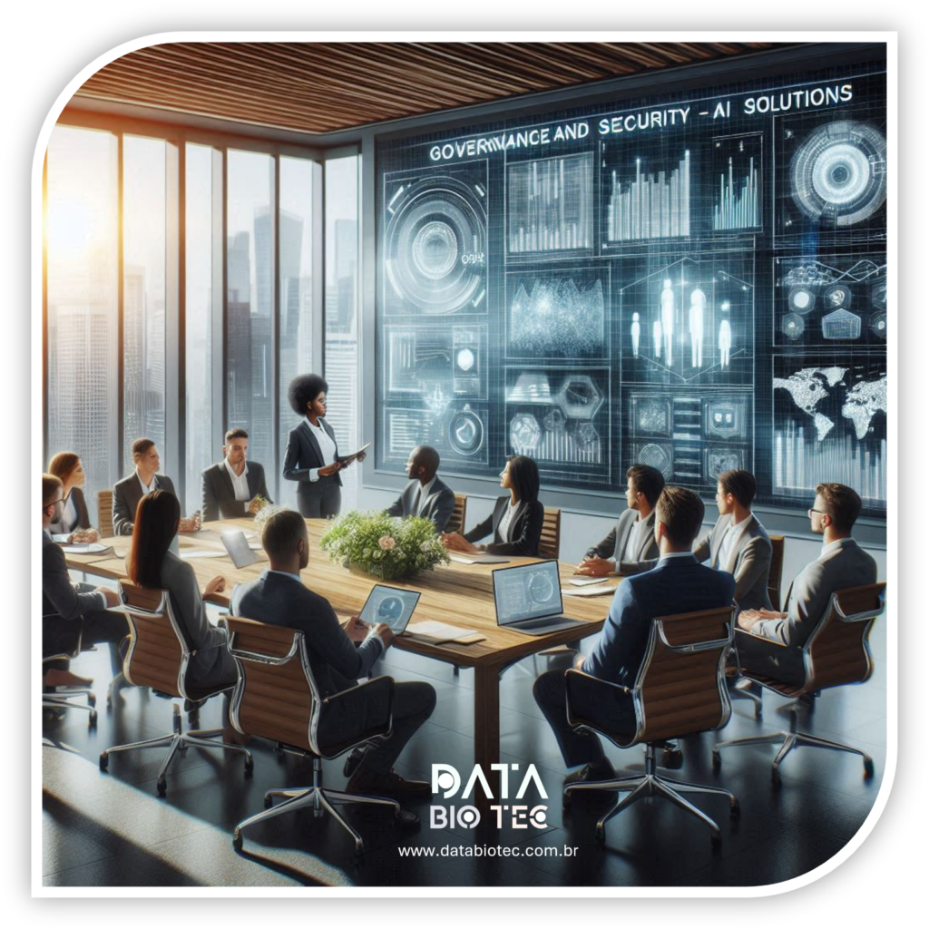 Reunião corporativa em sala moderna com painel digital exibindo gráficos, mapas e dados relacionados a governança, segurança e soluções de IA. Participantes observam apresentação que destaca análises visuais, tendências de dados e indicadores-chave para tomada de decisão estratégica.

