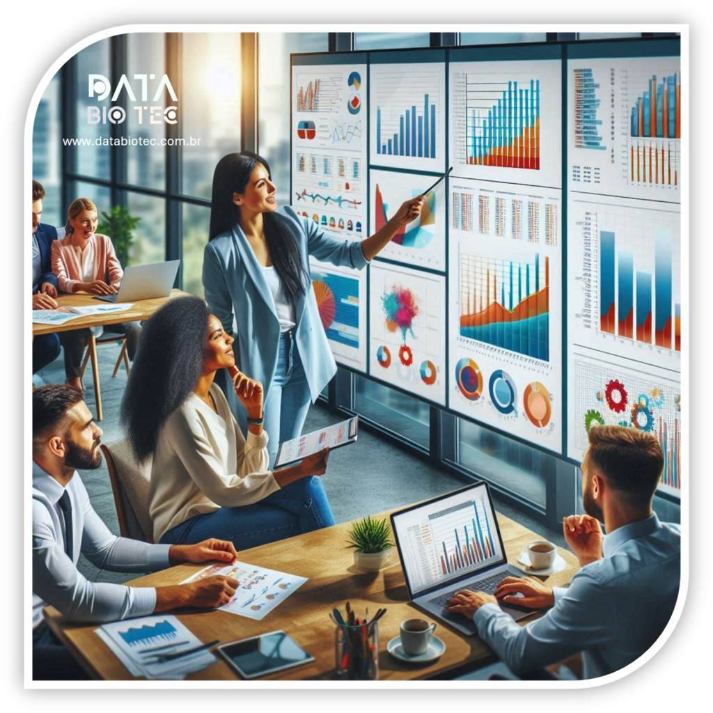 Reunião corporativa com apresentação de gráficos e dados financeiros em telas grandes, incluindo gráficos de barras, pizza e linhas coloridas que indicam tendências de crescimento e desempenho. Participantes analisam informações detalhadas com laptops e documentos, destacando aumento de vendas e variações de mercado.