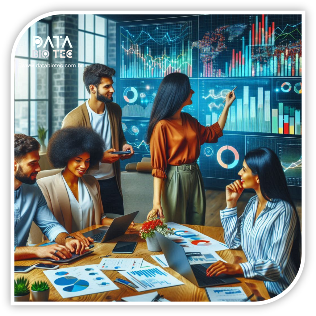 Equipe de profissionais em reunião analisando gráficos e dados financeiros exibidos em telas digitais grandes, incluindo gráficos de barras, linhas e mapas de calor em cores vibrantes como azul, vermelho e verde. Mesa com laptops, documentos e gráficos impressos destaca foco em análise de desempenho, tendências de mercado e planejamento estratégico.
