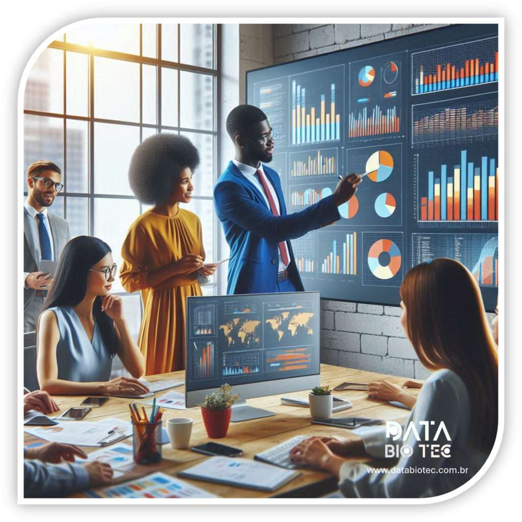 Reunião corporativa com equipe analisando gráficos e dados financeiros exibidos em telas grandes e monitor de computador. Gráficos coloridos incluem barras, pizza e linhas, destacando tendências de desempenho e distribuição geográfica.