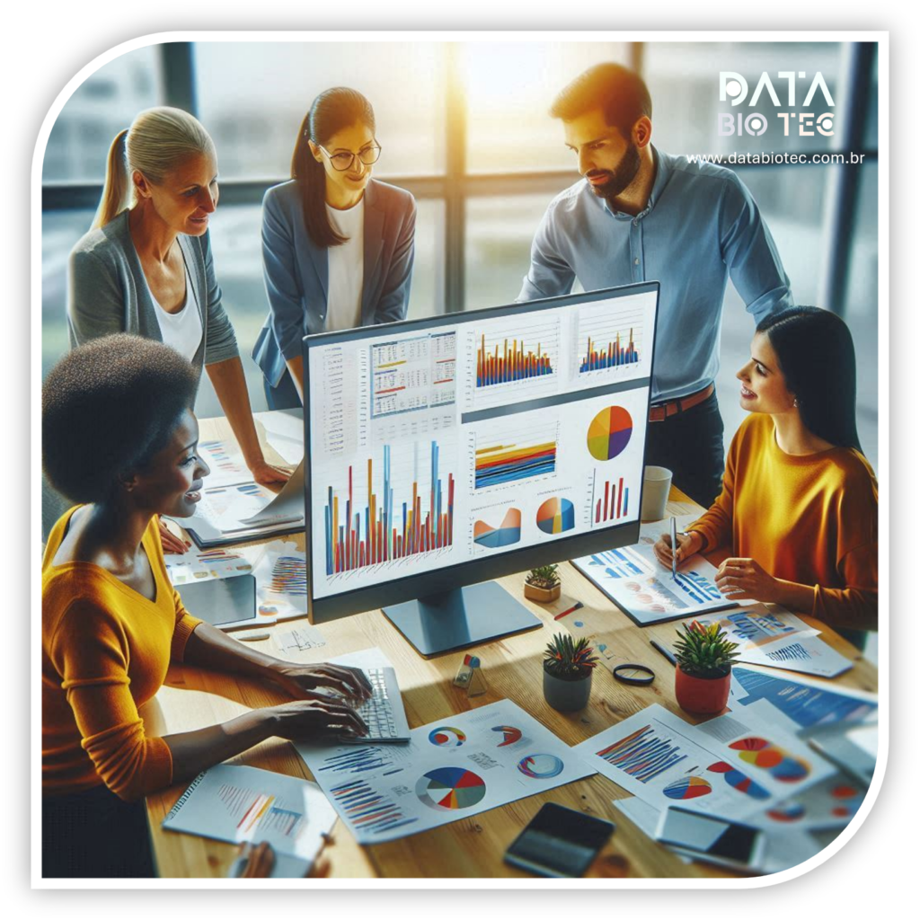 Grupo de cinco pessoas em reunião de trabalho analisando gráficos e tabelas coloridas exibidas em monitor e impressas em papéis sobre mesa. Gráficos incluem barras, linhas e pizza, destacando tendências e comparações de dados financeiros ou de desempenho.