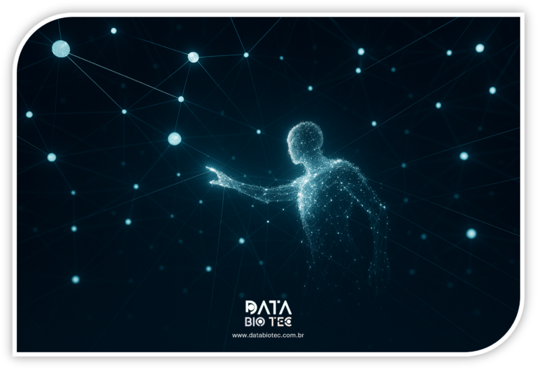 Representação digital em 3D de uma figura humana composta por pontos luminosos conectados por linhas, simulando uma rede neural ou conexão de dados. Fundo escuro com pontos brilhantes dispersos, destacando interação da figura com elementos ao redor, sugerindo conceito de tecnologia, inteligência artificial ou conectividade.