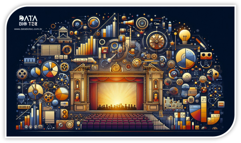 Ilustração detalhada de um teatro clássico com palco iluminado e cadeiras na plateia, cercado por diversos gráficos, diagramas e ícones tecnológicos em tons de azul, laranja e amarelo. Elementos incluem gráficos de barras, pizza, linhas e engrenagens, simbolizando integração entre arte e dados, com destaque para a interação entre público e tecnologia.