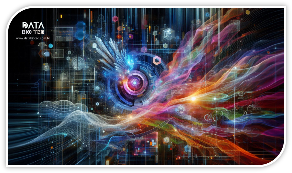 Arte digital abstrata representando fluxo de dados e tecnologia, com elementos geométricos e linhas coloridas em movimento. Cores vibrantes como azul, roxo, laranja e vermelho destacam conexões e energia em um ambiente futurista e dinâmico.