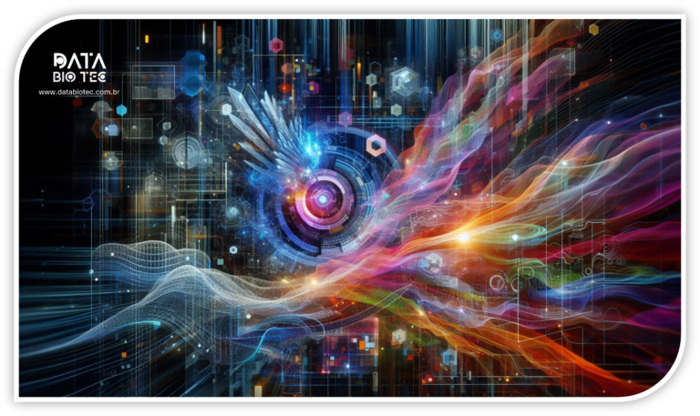 Arte digital abstrata representando fluxo de dados e tecnologia, com elementos geométricos e linhas coloridas em movimento. Cores vibrantes como azul, roxo, laranja e vermelho destacam conexões e energia em um ambiente futurista e dinâmico.