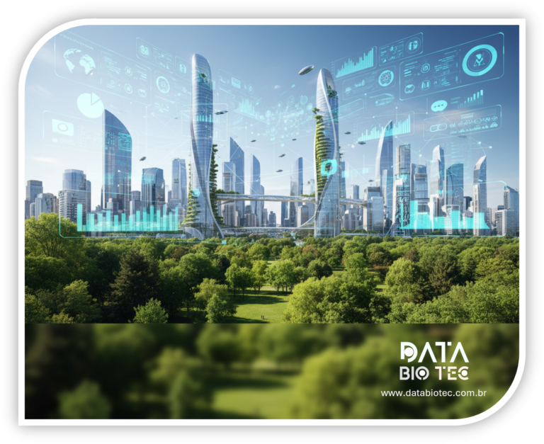 Cidade futurista com arranha-céus altos e sustentáveis cercados por grande área verde, exibindo gráficos digitais holográficos azuis que indicam dados de desempenho e monitoramento ambiental. Elementos incluem prédios com design curvo, drones voando e painéis com gráficos de barras, linhas e ícones tecnológicos, destacando integração entre natureza e tecnologia.