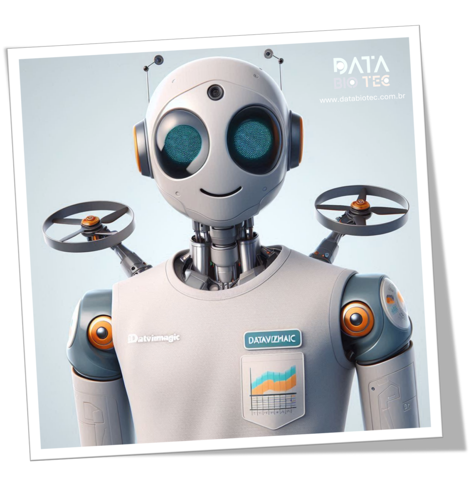 Robô futurista com design amigável, olhos grandes azuis e sorriso, equipado com hélices nas costas para voo. Traje cinza com detalhes laranja e dois logotipos "Datavizmagic" e "DATAVIZMAIC", além de gráfico colorido no bolso frontal.